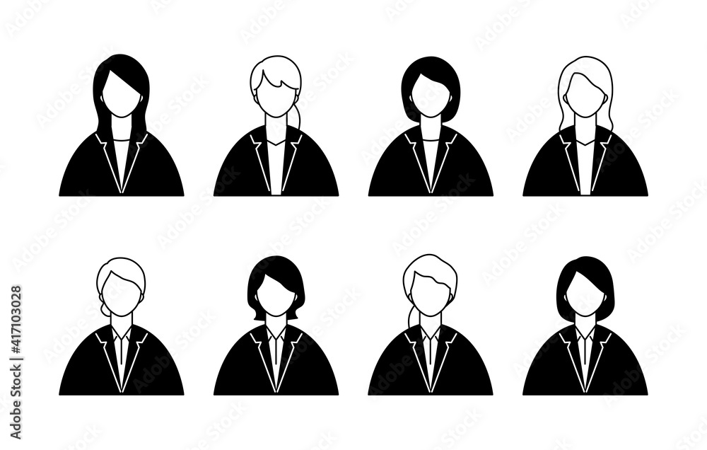 スーツ姿の女性のアイコンのセット/シンプル/オフィスカジュアル/20代/30代/女/会社員 スーツ姿の女性のアイコンのセット/シンプル/オフィスカジュアル/20代/30代/女/会社員