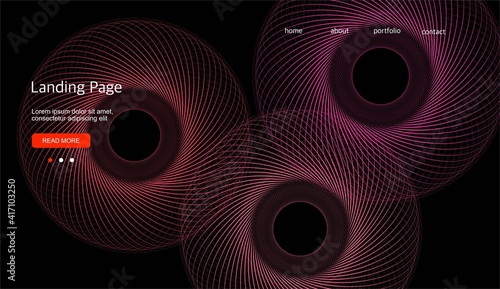 Abstract background. Black background with three linear swirls. Template for a landing page, cover, banner. Design for a website.