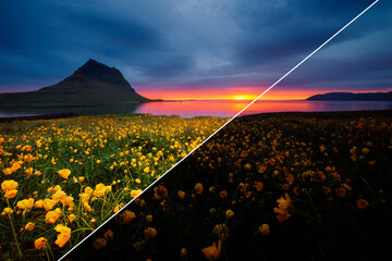 Splendid Iceland landscape with Kirkjufell volcano. Images before and after.