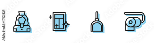 Set line Dustpan, Cleaning lady service, for window and Toilet paper roll icon. Vector.