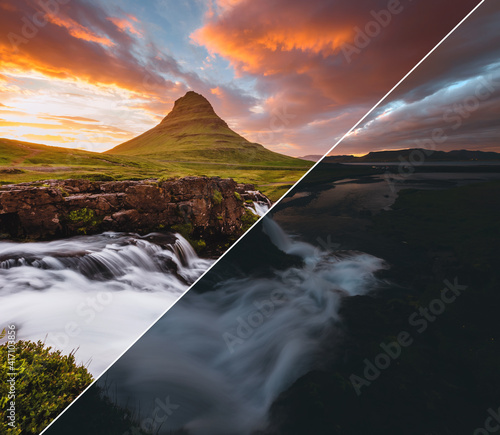 Fotografie Beautiful view of Kirkjufell volcano at sunset