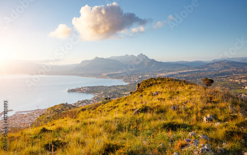 Fantastic view of the azure sea on a sunny day. Location place Island Sicily, Zafferano cape, Palermo sity, Italy, Europe.