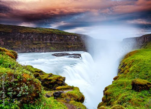 Dramatic view of the powerful Gullfoss waterfall. Location place canyon of the Hvita river, Iceland, Europe.