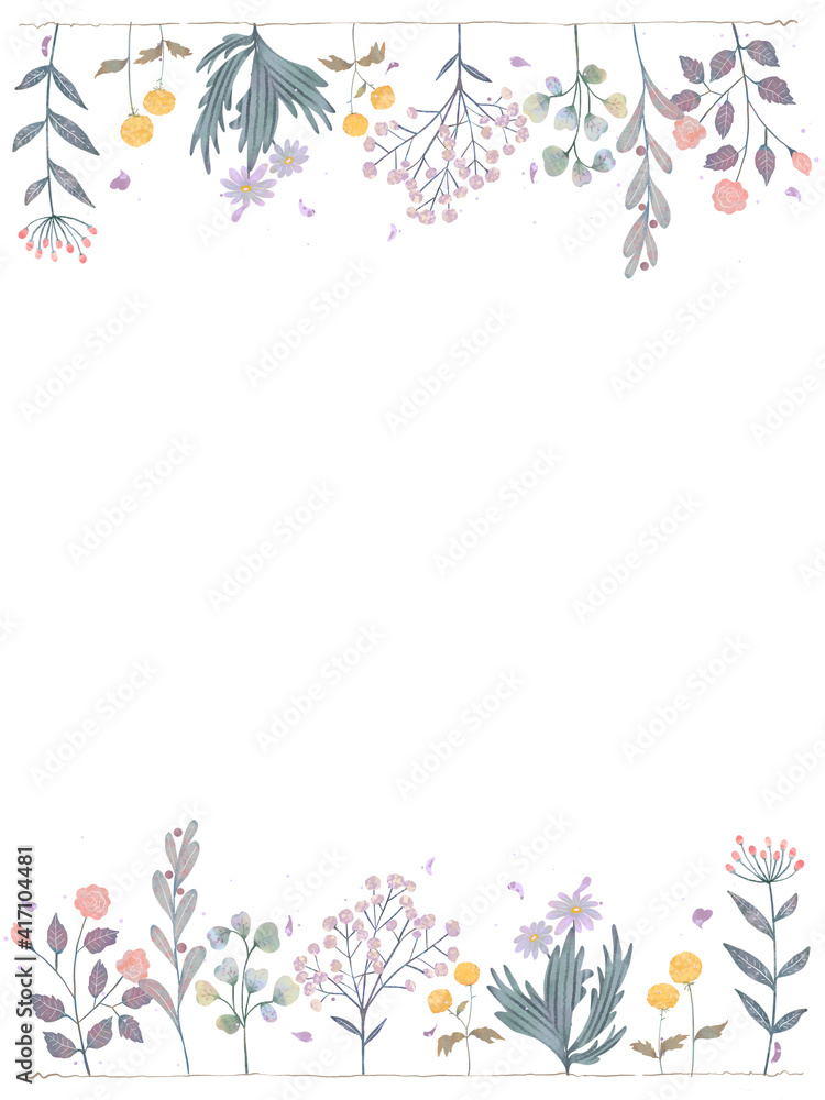 春の優しい色使いのオシャレな植物やお花の白バックのイラスト 春の優しい色使いのオシャレな植物やお花の白バックのイラスト