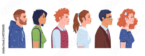 European and Western Eurasian fair skin people, side view portraits of caucasian men and women, flat cartoon characters. Vector civil society, white citizens, american staff. Group of caucasoid