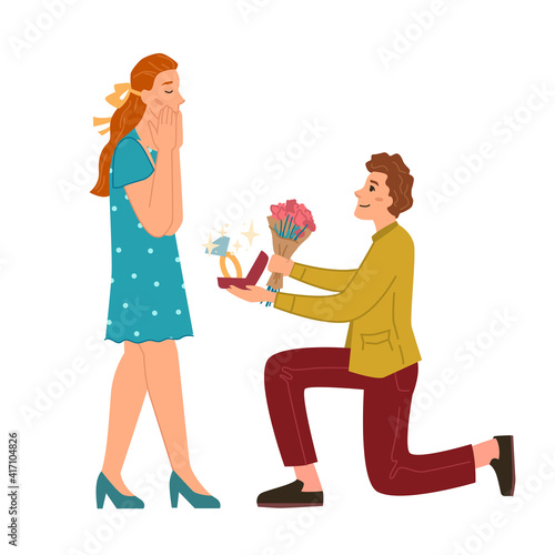 Proposal to marry, man gives flowers to woman isolated flat cartoon characters. Vector boyfriend standing on one knee with wedding ring in box propose girlfriend became his wife, couple in love