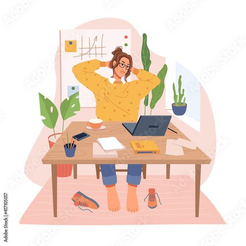 Employee in office stretching sitting by table with laptop and papers. Working woman taking break and resting, doing exercise to reduce body tension. Cartoon characters, vector in flat style