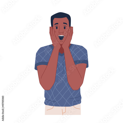 Excited man with happy facial expression isolated flat cartoon character. Vector surprised astonished guy holding face in hands, open mouth from joy. Male with wonder on face, satisfied person