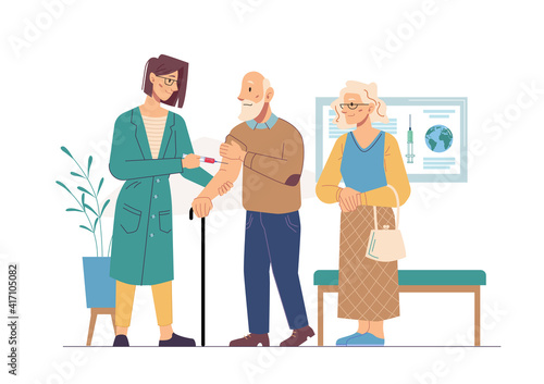 Elderly making vaccination to prevent coronavirus pandemic, flat cartoon characters. Vector adult aged seniors and nurse with needle vaccinating against influenza virus, medical treatment, health care