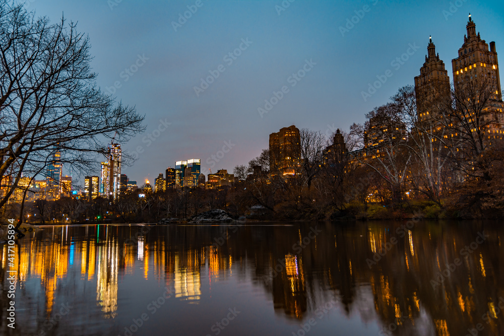 Amazing New York City Skyline from Central Park Pond