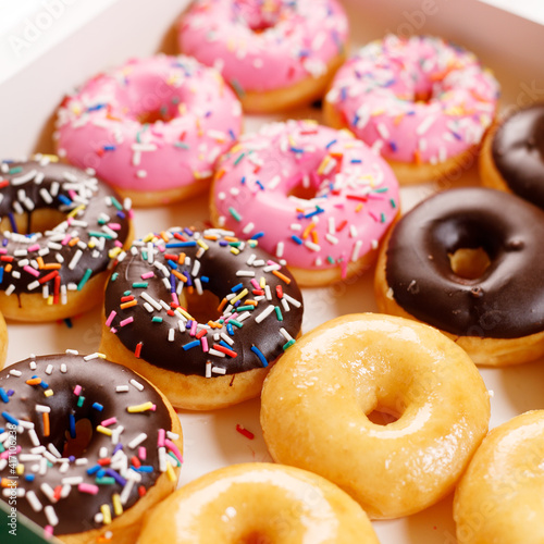 colorful donuts in paper box