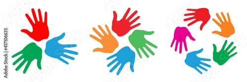 Hand Print circle icon set. Colorful bright design element. Handprint emblems. Hand round insignia. Vector logo