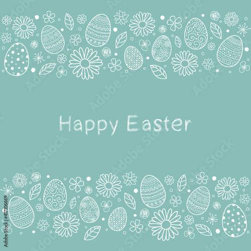 Easter greeting card with decorative eggs nad flowers. Vector