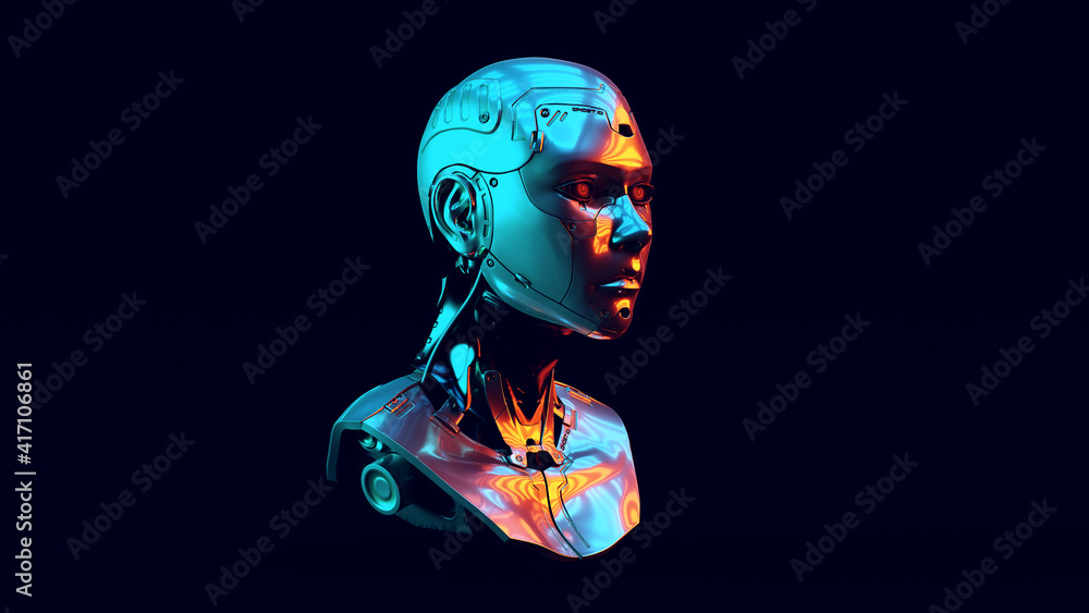 Cyborg with Blue Orange Moody 80s lighting 3d illustration render Cyborg with Blue Orange Moody 80s lighting 3d illustration render