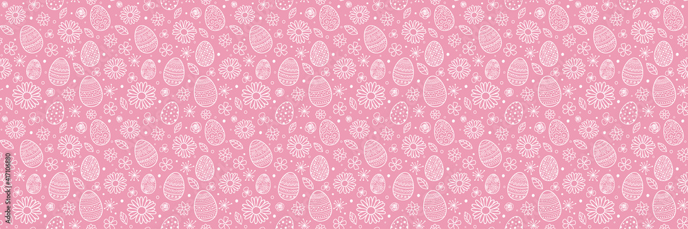 Design of a pattern with Easter eggs and flowers. Banner. Vector