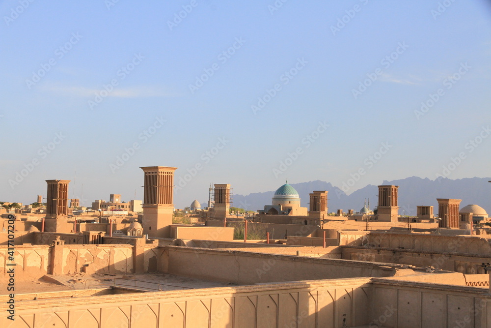 Aerial view of Yazd city and wind catchers