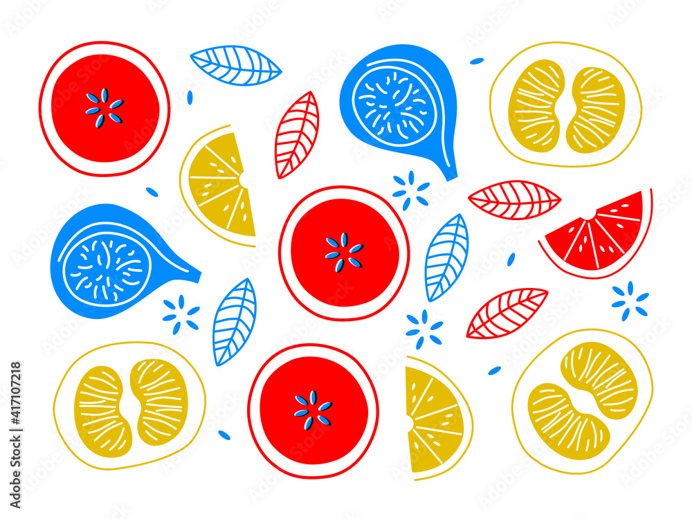Fruit slices apples, tangerines, figs. Cartoon flat vector. Fruit elements for your design. Abstract summer fruits printable. Fruit slices apples, tangerines, figs. Cartoon flat vector. Fruit elements for your design. Abstract summer fruits printable.