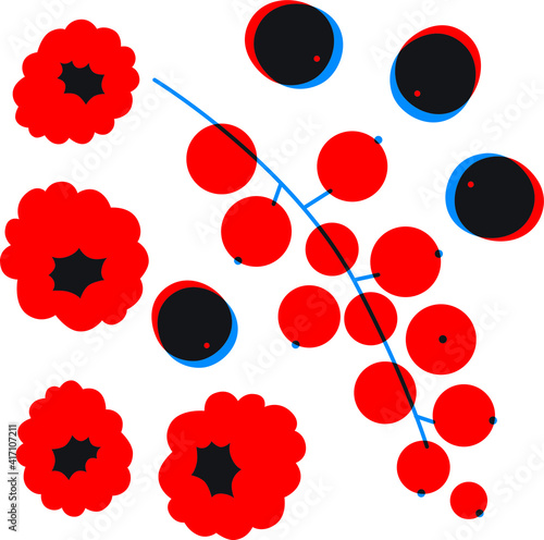 Red currant, raspberry, blueberry, vector clip art. Flat abstract style fruits. Berry illustration for flyer, advertising.