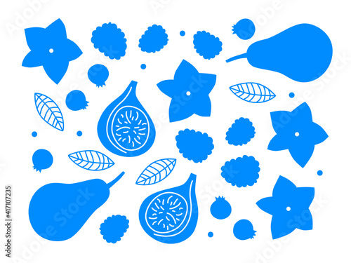 Exotic fruit silhouette set. Organic healthy food for menu design. Exotic pear, fig, raspberry, berries. Cartoon flat modern style. Summer tropical fruits print. Blue fruits print.