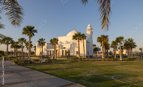 Jawzaa Alqahtany Mosque on the Al Khobar Corniche, Eastern Province of Saudi Arabia during sunrise.