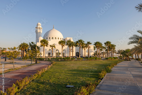 Jawzaa Alqahtany Mosque on the Al Khobar Corniche, Eastern Province of Saudi Arabia during sunrise. photo
