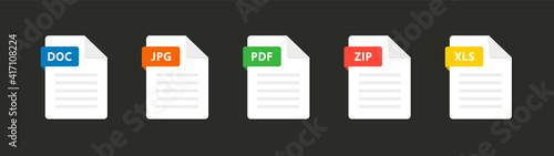 File type icons. Set of pdf, doc, jpg, xls, zip. Collection colored icons for download on computer. Graphic templates for ui. Document types in flat style. Vector illustration. EPS 10
