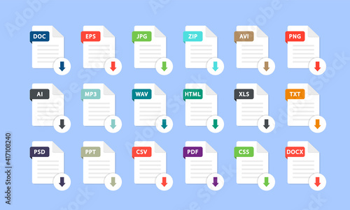 Set of different file formats. Download file. File with and a down arrow sign. Loading document concept. Download buttons for web site or app. Document types in flat style: pdf, doc, png, jpg, psd.