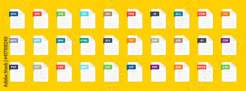 File type icons. Big set of pdf, doc, excel, png, jpg, psd, gif, csv, xls, ppt, html, txt. Collection colored icons for download on computer. Graphic templates for ui. Document types in flat style