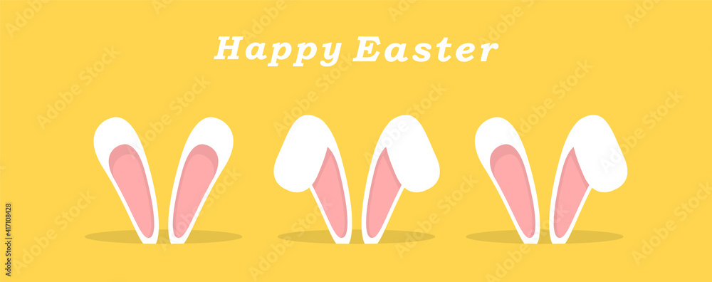 Set of white Easter bunny ears. Greeting card with white Easter rabbit. Funny bunny on yellowbackground. White hare crawls out of the mink. Bunny ears sticking out of the mink. Happy Easter