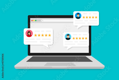 User reviews. Laptop with customer reviews, flat cartoon design of Computer display and online reviews or customer reviews, experience or feedback concept, star rating, notifications. Rating bubble.