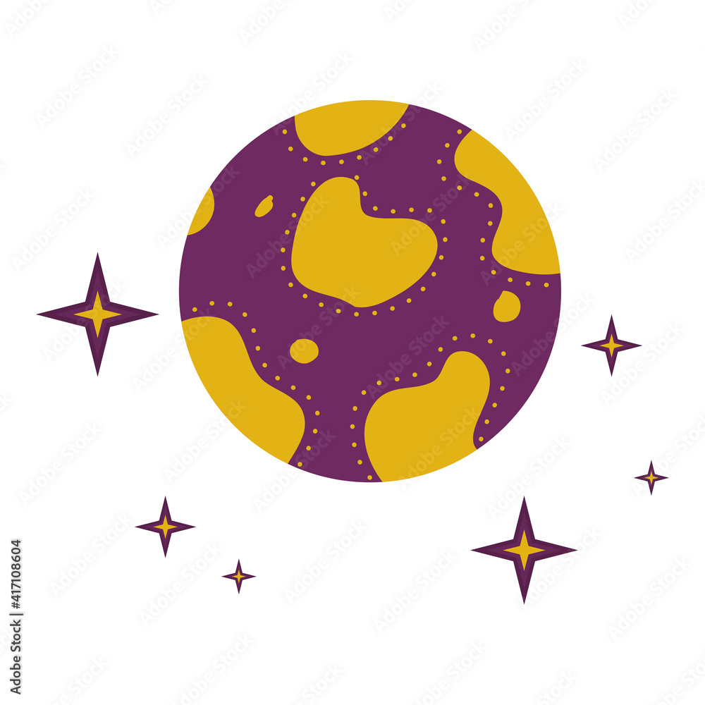 A planet with craters and stars is isolated on a white background. Vector illustration for the design of divination, palmistry, mysticism and esotericism A planet with craters and stars is isolated on a white background. Vector illustration for the design of divination, palmistry, mysticism and esotericism