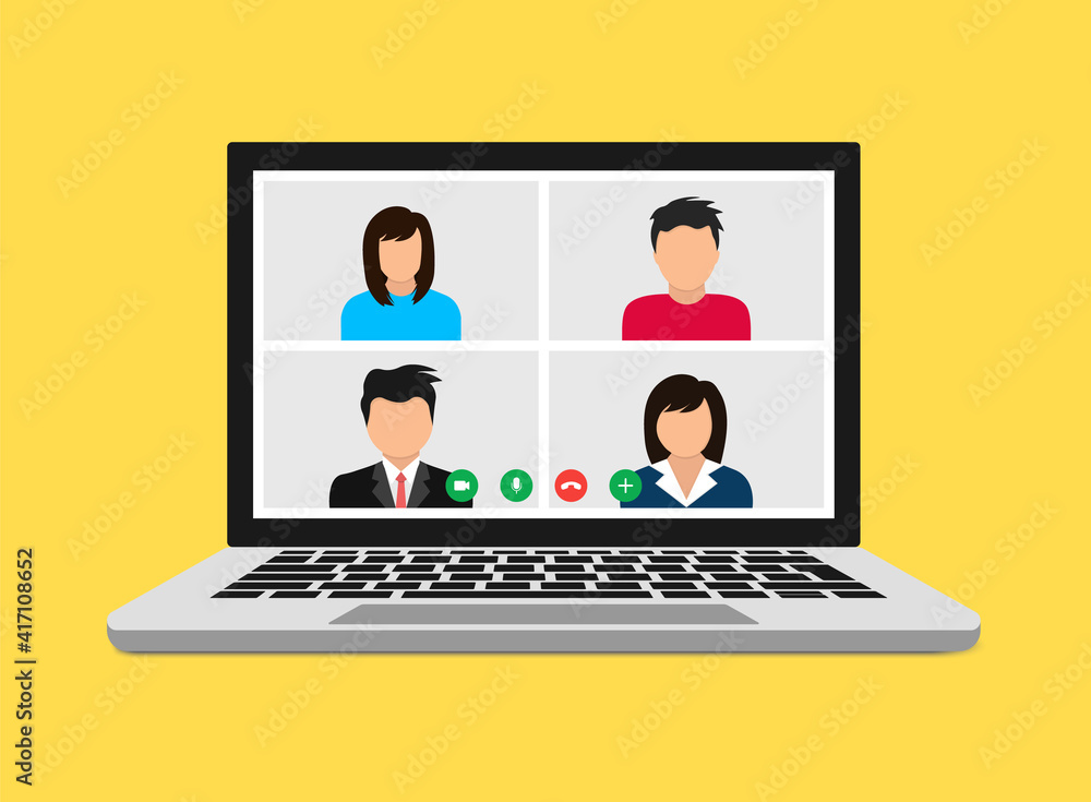 Online conference. Video call. Stay and work from home. Video conference chat illustration. Stream, web chatting, meeting friends online. Workplace, laptop screen, group of people talking by internet. Online conference. Video call. Stay and work from home. Video conference chat illustration. Stream, web chatting, meeting friends online. Workplace, laptop screen, group of people talking by internet.