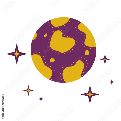 A planet with craters and stars is isolated on a white background. Vector illustration for the design of divination, palmistry, mysticism and esotericism
