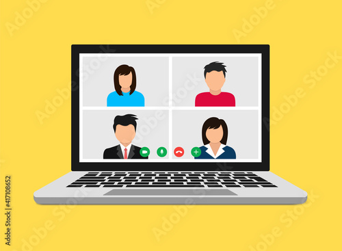Online conference. Video call. Stay and work from home. Video conference chat illustration. Stream, web chatting, meeting friends online. Workplace, laptop screen, group of people talking by internet.