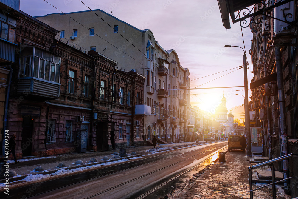 Evening sunset at central district of Rostov-on-Don. Beautiful architecture of historical buildings