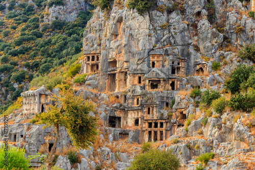 Rock-cut tombs of Lycian necropolis of the ancient city of Myra in Demre, Antalya province in Turkey