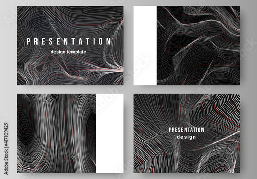 The minimalistic abstract vector illustration of the editable layout of the presentation slides design business templates. 3D grid surface, wavy vector background with ripple effect.