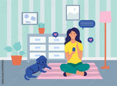 A young woman is sitting with a phone on the floor. The concept of online communication, Internet addiction, daily life, everyday leisure and work activities. Flat cartoon vector illustration.