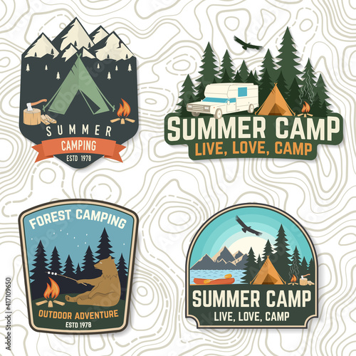 Set of Summer camp patches. Vector Concept for shirt or logo, print, stamp, patch or tee. Vintage typography design with bear with marshmallow, cempfire, camping tent, forest, mountain silhouette