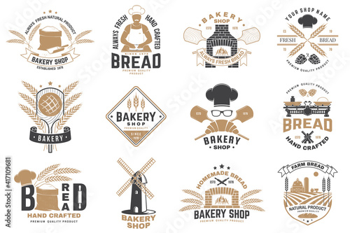 Set of Bakery shop badge. Vector. Design with windmill, rolling pin, dough, wheat ears, old oven, wooden bread shovels silhouette. For restaurant, bakery identity objects, packaging menu