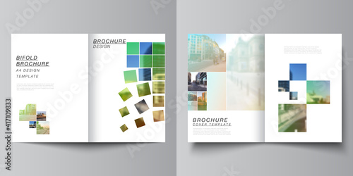 Vector layout of two A4 cover mockups design templates for bifold brochure, flyer, magazine, cover design, book design, brochure cover. Abstract project with clipping mask green squares for your photo