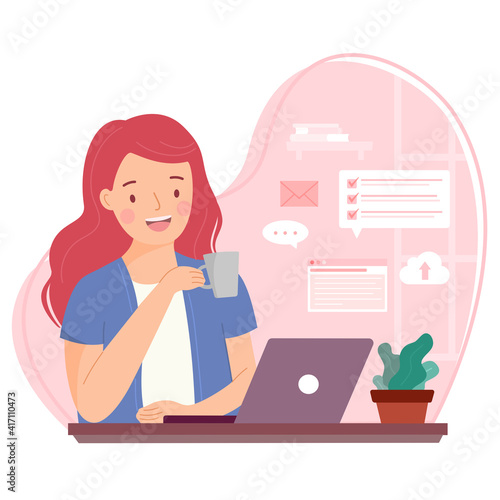 Working at home  freelancer work on laptop or computer. Girl drinking cup of coffee at her house. Online carrier  distance work  online learning and coworking space concept. Flat illustration Vector.