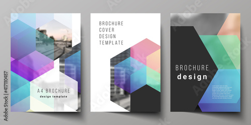 Vector layout of A4 format cover mockups design templates with abstract shapes and colors for brochure, flyer layout, booklet, cover design, book design, brochure cover.