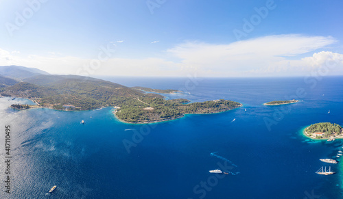 Aerial drone high angle shot of peninsula of Vis Island coastline in Adriatic sea in Croatia summer © Davidzfr