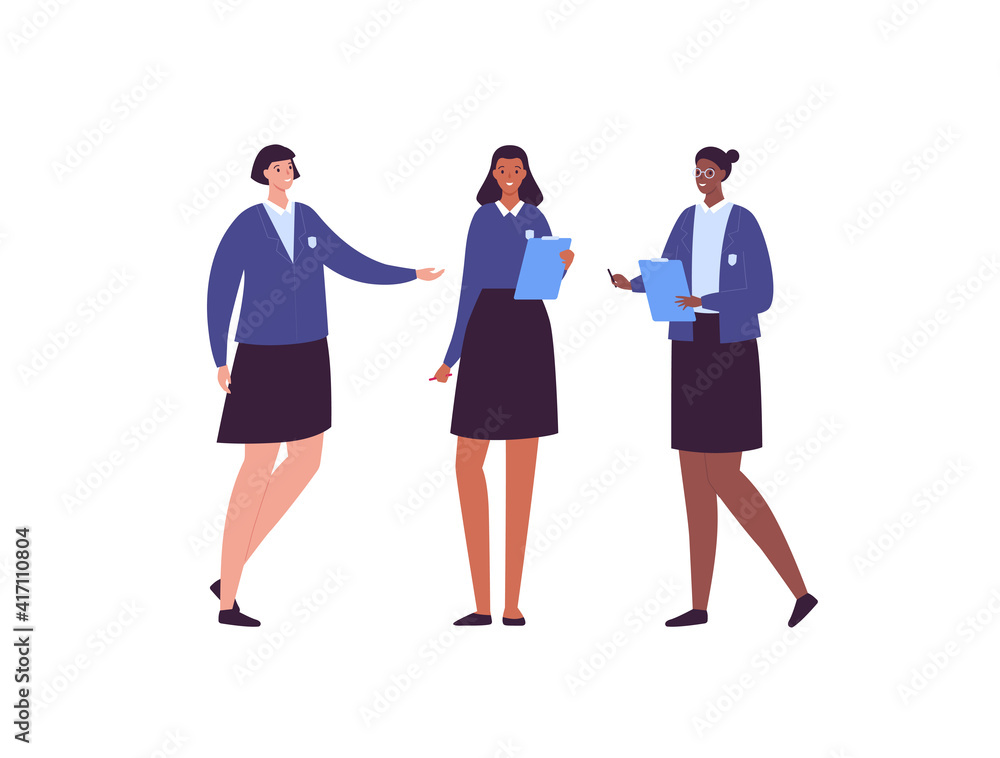 Happy high school student concept. Vector flat creative student character illustration. Diverse multiethnic female girl group in uniform with book and backpack. Asian, hispanic and african ethnic. Happy high school student concept. Vector flat creative student character illustration. Diverse multiethnic female girl group in uniform with book and backpack. Asian, hispanic and african ethnic.