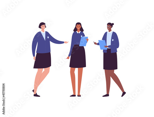 Happy high school student concept. Vector flat creative student character illustration. Diverse multiethnic female girl group in uniform with book and backpack. Asian, hispanic and african ethnic.