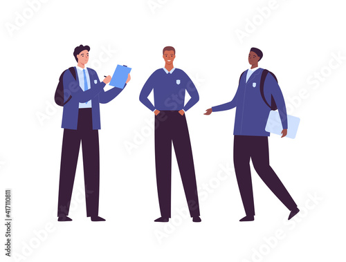 Happy high school student concept. Vector flat creative student character illustration. Diverse multiethnic male boy group in uniform with book and backpack. Asian, hispanic and african ethnic.