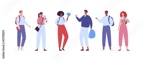 Happy high school student concept. Vector flat creative student character illustration. Diverse multiethnic boy and girl teenager group in casual fashion outfit. Asian, caucassian and african ethnic.