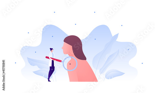 Dermatology and skin health care concept. Vector flat modern illustration. Dermatologist doctor female character hold magnifier glass on woman patient body. Mole, cancer, allergy analysis symbol.