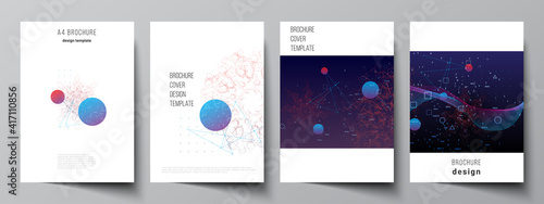 Vector layout of A4 cover mockups templates for brochure, flyer layout, booklet, cover design, book design. Artificial intelligence, big data visualization. Quantum computer technology concept.